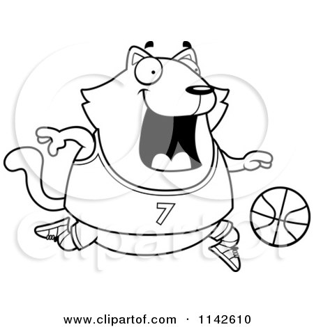 Cartoon Clipart Of A Black And White Chubby Cat Playing Basketball - Vector Outlined Coloring Page by Cory Thoman