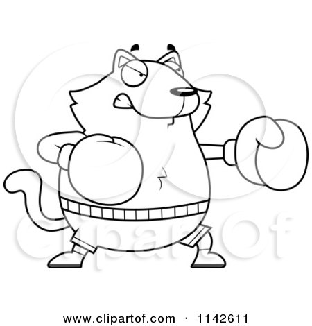 Cartoon Clipart Of A Black And White Chubby Cat Boxing - Vector Outlined Coloring Page by Cory Thoman