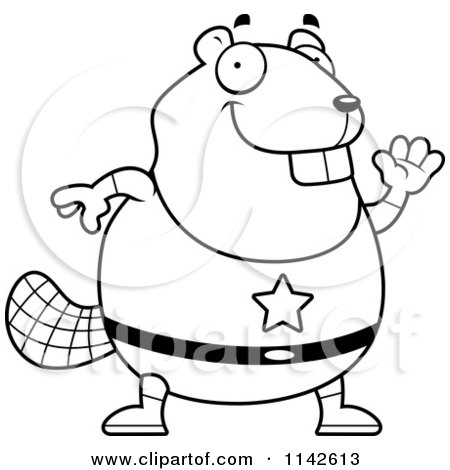 Cartoon Clipart Of A Black And White Chubby Super Beaver Waving - Vector Outlined Coloring Page by Cory Thoman
