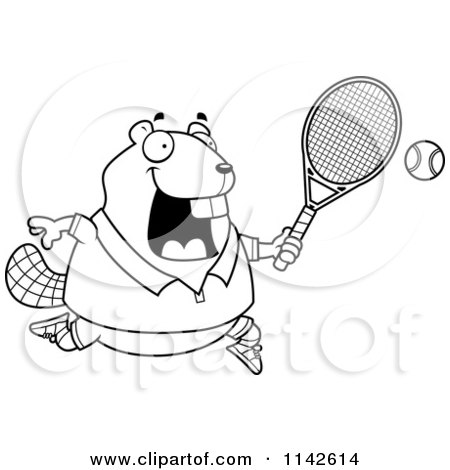 Cartoon Clipart Of A Black And White Chubby Badger Playing Tennis - Vector Outlined Coloring Page by Cory Thoman