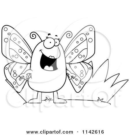 Cartoon Clipart Of A Black And White Butterfly By Grass - Vector Outlined Coloring Page by Cory Thoman