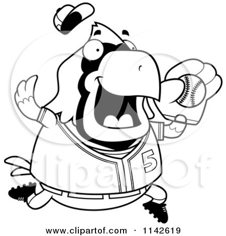 Cartoon Clipart Of A Black And White Chubby Cardinal Playing Baseball - Vector Outlined Coloring Page by Cory Thoman