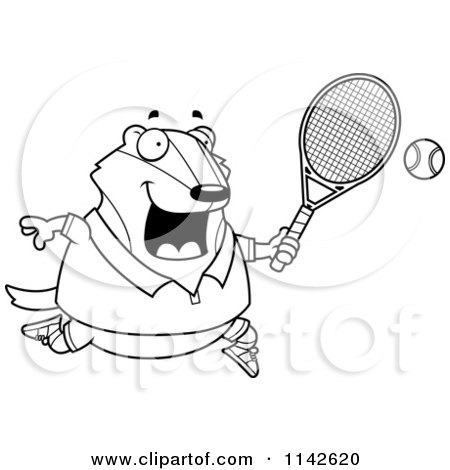 Cartoon Clipart Of A Black And White Chubby Badger Playing Tennis - Vector Outlined Coloring Page by Cory Thoman