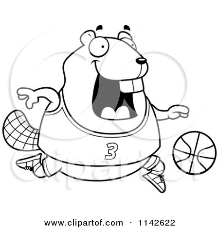 Cartoon Clipart Of A Black And White Chubby Badger Playing Basketball - Vector Outlined Coloring Page by Cory Thoman