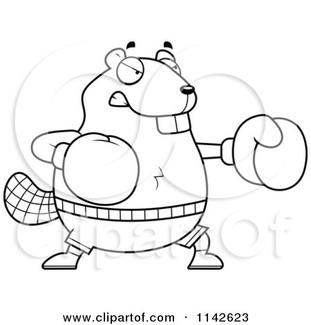 Cartoon Clipart Of A Black And White Chubby Beaver Boxing - Vector Outlined Coloring Page by Cory Thoman