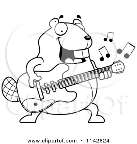 Cartoon Clipart Of A Black And White Chubby Beaver Guitarist - Vector Outlined Coloring Page by Cory Thoman