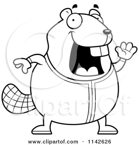 Cartoon Clipart Of A Black And White Chubby Beaver Waving In Pajamas - Vector Outlined Coloring Page by Cory Thoman