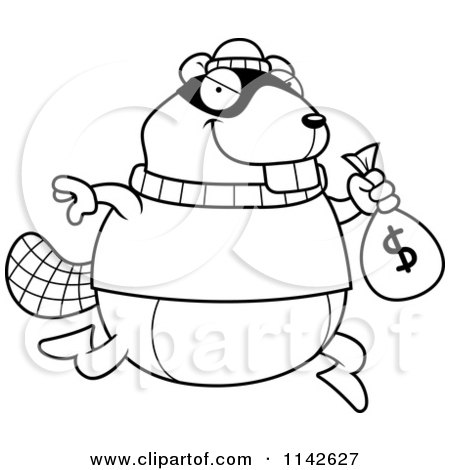 Cartoon Clipart Of A Black And White Beaver Robbing A Bank - Vector Outlined Coloring Page by Cory Thoman