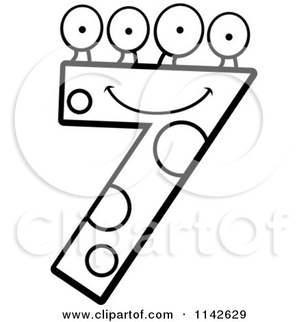 Cartoon Clipart Of A Black And White Four Eyed Number Seven Character - Vector Outlined Coloring Page by Cory Thoman