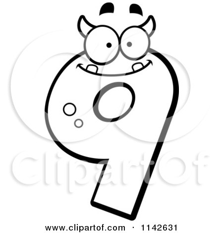Cartoon Clipart Of A Black And White Number Nine Devil Character - Vector Outlined Coloring Page by Cory Thoman