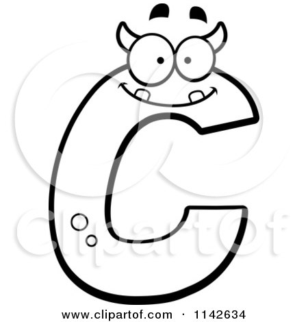 Cartoon Clipart Of A Black And White Alien Letter C - Vector Outlined Coloring Page by Cory Thoman