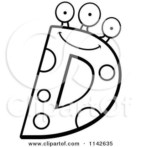 Cartoon Clipart Of A Black And White Alien Letter D - Vector Outlined Coloring Page by Cory Thoman