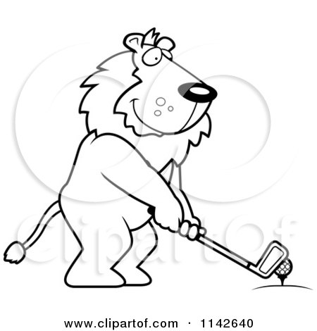 Cartoon Clipart Of A Black And White Golfing Lion Holding The Club Against The Ball On The Tee - Vector Outlined Coloring Page by Cory Thoman