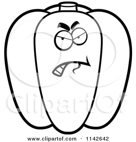 Cartoon Clipart Of A Black And White Angry Bell Pepper Character - Vector Outlined Coloring Page by Cory Thoman