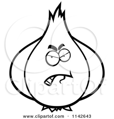 Cartoon Clipart Of A Black And White Angry Garlic Character - Vector Outlined Coloring Page by Cory Thoman