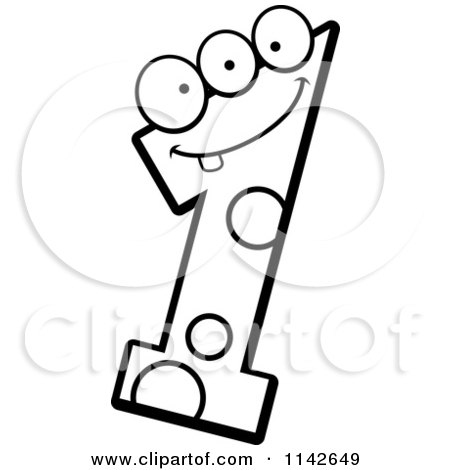 Cartoon Clipart Of A Black And White Three Eyed Number One Character - Vector Outlined Coloring Page by Cory Thoman