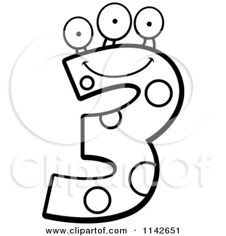 Cartoon Clipart Of A Black And White Three Eyed Number Three Character - Vector Outlined Coloring Page by Cory Thoman