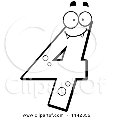 Cartoon Clipart Of A Black And White Number Four Character - Vector Outlined Coloring Page by Cory Thoman