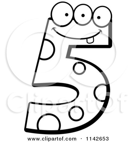 Cartoon Clipart Of A Black And White Three Eyed Number Five Character - Vector Outlined Coloring Page by Cory Thoman