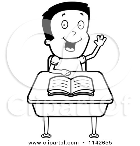 Cartoon Clipart Of A Black And White Smart School Boy Raising His Hand At A Desk - Vector Outlined Coloring Page by Cory Thoman