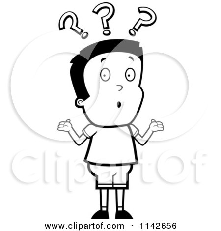 Cartoon Clipart Of A Black And White Confused Boy Shrugging - Vector Outlined Coloring Page by Cory Thoman