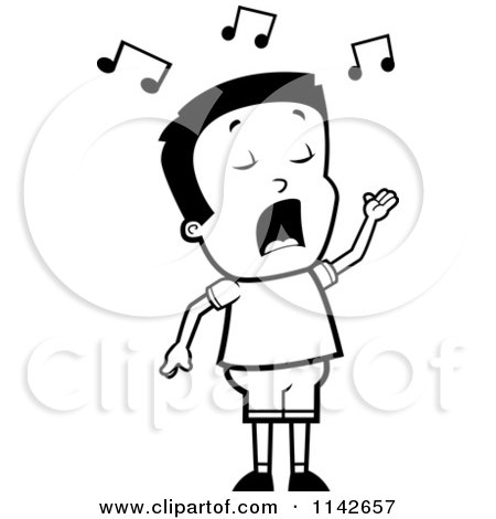 Cartoon Clipart Of A Black And White Talented Boy Singing - Vector Outlined Coloring Page by Cory Thoman
