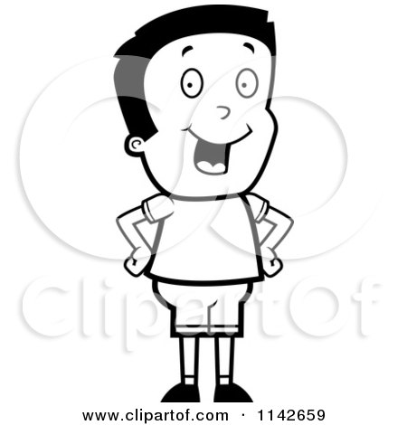 Cartoon Clipart Of A Black And White Boy Standing With His Hands On His Hips - Vector Outlined Coloring Page by Cory Thoman