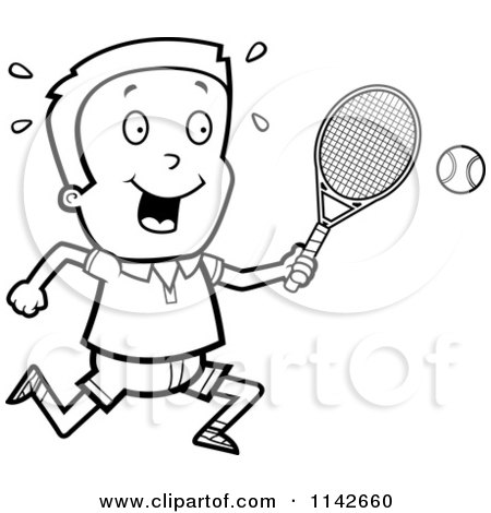 Cartoon Clipart Of A Black And White Tennis Boy Swinging His Racket At The Ball - Vector Outlined Coloring Page by Cory Thoman