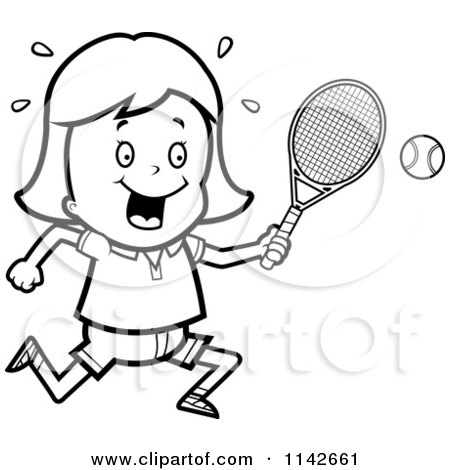 Cartoon Clipart Of A Black And White Tennis Girl Swinging Her Racket At The Ball - Vector Outlined Coloring Page by Cory Thoman