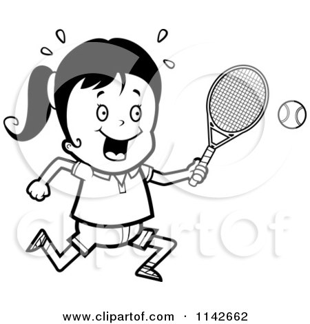 Cartoon Clipart Of A Black And White Girl Swinging Her Tennis Racket At The Ball - Vector Outlined Coloring Page by Cory Thoman