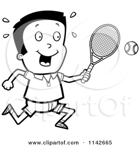 Cartoon Clipart Of A Black And White Boy Swinging His Tennis Racket At The Ball - Vector Outlined Coloring Page by Cory Thoman
