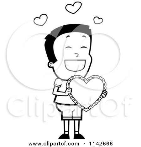 Cartoon Clipart Of A Black And White Romantic Boy Holding A Valentine Heart - Vector Outlined Coloring Page by Cory Thoman