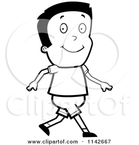 Cartoon Clipart Of A Black And White Boy Walking - Vector Outlined Coloring Page by Cory Thoman