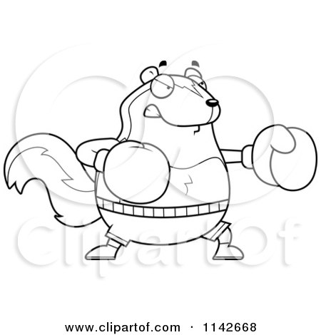 Cartoon Clipart Of A Black And White Chubby Skunk Boxer - Vector Outlined Coloring Page by Cory Thoman