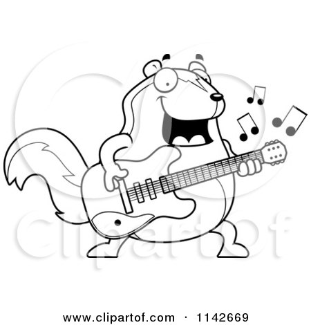 Cartoon Clipart Of A Black And White Chubby Skunk Guitarist - Vector Outlined Coloring Page by Cory Thoman