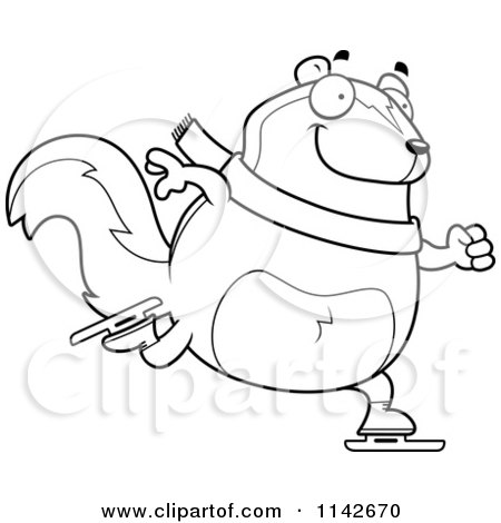 Cartoon Clipart Of A Black And White Chubby Skunk Ice Skating - Vector Outlined Coloring Page by Cory Thoman