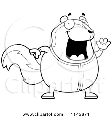 Cartoon Clipart Of A Black And White Chubby Skunk Waving In Pajamas - Vector Outlined Coloring Page by Cory Thoman