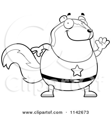 Cartoon Clipart Of A Black And White Chubby Super Skunk Waving - Vector Outlined Coloring Page by Cory Thoman