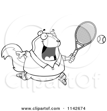 Cartoon Clipart Of A Black And White Chubby Skunk Playing Tennis - Vector Outlined Coloring Page by Cory Thoman