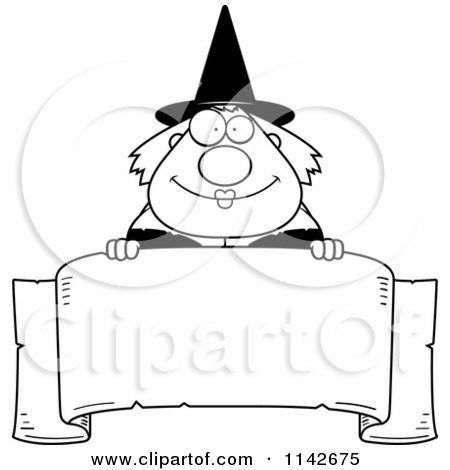 Cartoon Clipart Of A Black And White Chubby Witch Over A Parchment Banner - Vector Outlined Coloring Page by Cory Thoman