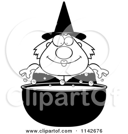 Cartoon Clipart Of A Black And White Chubby Witch Over A Cauldron - Vector Outlined Coloring Page by Cory Thoman