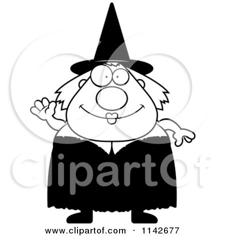 Cartoon Clipart Of A Black And White Chubby Witch Waving - Vector Outlined Coloring Page by Cory Thoman