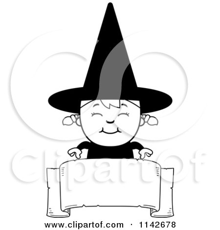 Cartoon Clipart Of A Black And White Happy Halloween Witch Girl Over A Banner - Vector Outlined Coloring Page by Cory Thoman
