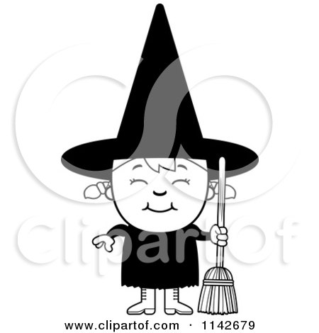 Cartoon Clipart Of A Black And White Happy Halloween Witch Girl - Vector Outlined Coloring Page by Cory Thoman
