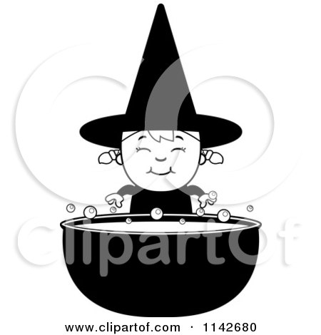 Cartoon Clipart Of A Black And White Happy Halloween Witch Girl And Cauldron - Vector Outlined Coloring Page by Cory Thoman