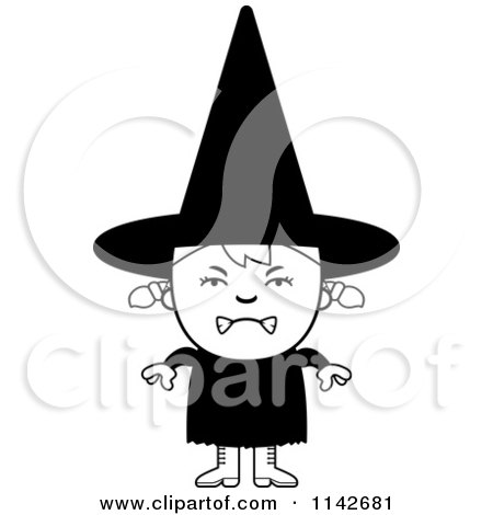 Cartoon Clipart Of A Black And White Mad Halloween Witch Girl - Vector Outlined Coloring Page by Cory Thoman