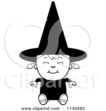 Cartoon Clipart Of A Black And White Happy Halloween Witch Girl Sitting - Vector Outlined Coloring Page by Cory Thoman