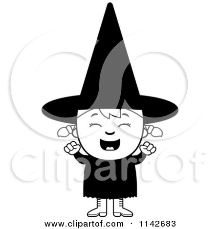 Cartoon Clipart Of A Black And White Happy Halloween Witch Girl Cheering - Vector Outlined Coloring Page by Cory Thoman