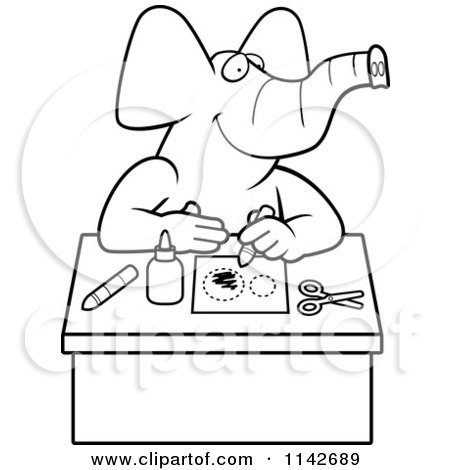 Cartoon Clipart Of A Black And White Arts And Crafts Elephant - Vector Outlined Coloring Page by Cory Thoman
