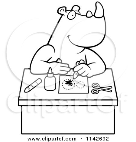 Cartoon Clipart Of A Black And White Arts And Crafts Rhino - Vector Outlined Coloring Page by Cory Thoman